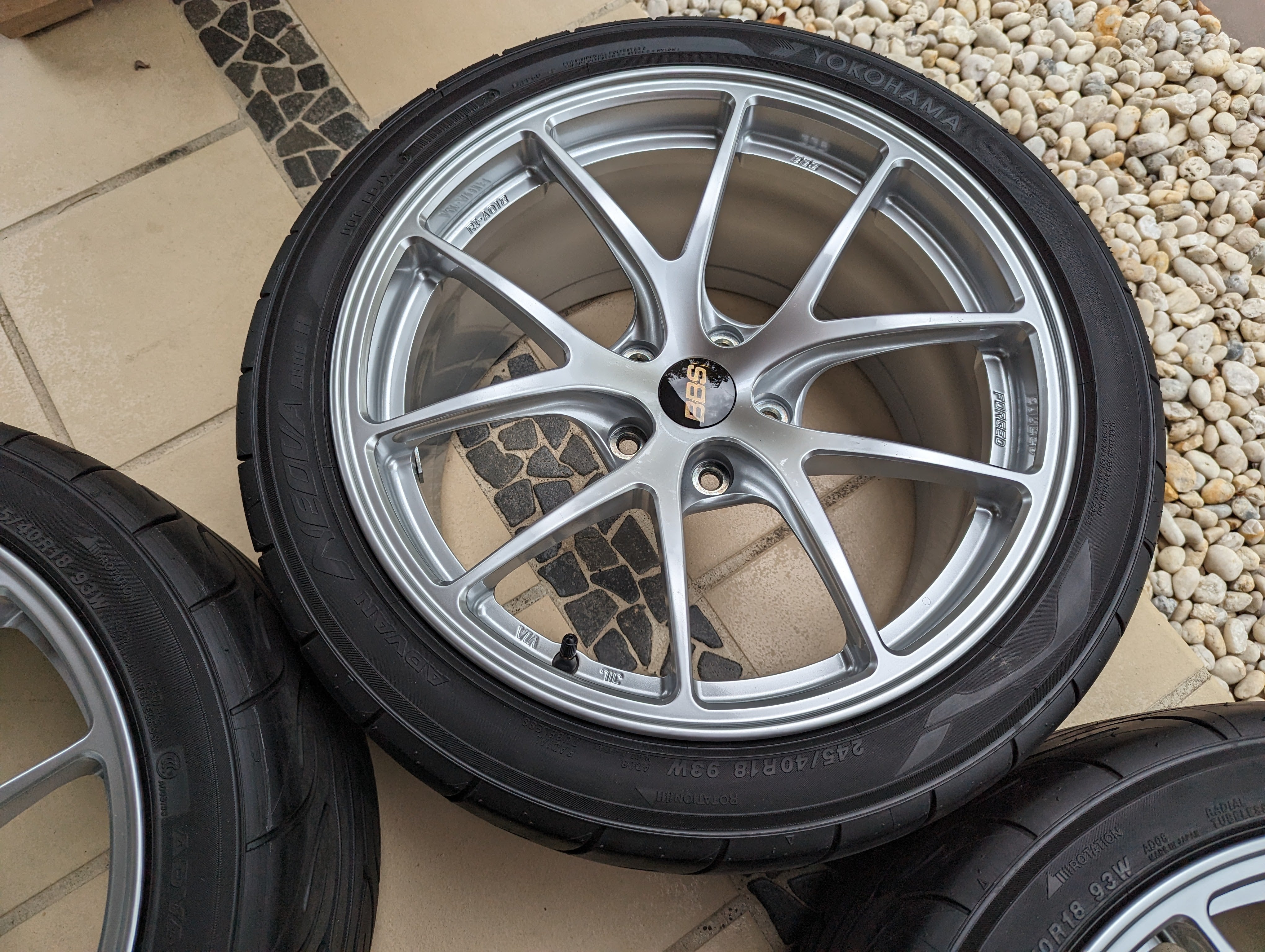 BBS Forged RIA (Diamond Silver) with New Yokohama AD08R Tyres and BBS Center Caps - 5x114.3 - 18x9.5 +35