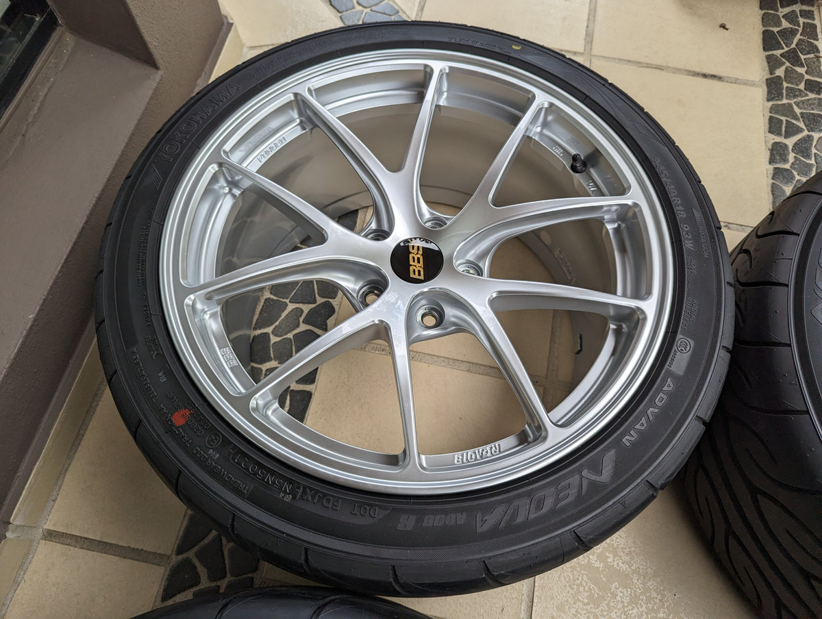 BBS Forged RIA (Diamond Silver) with New Yokohama AD08R Tyres and BBS Center Caps - 5x114.3 - 18x9.5 +35
