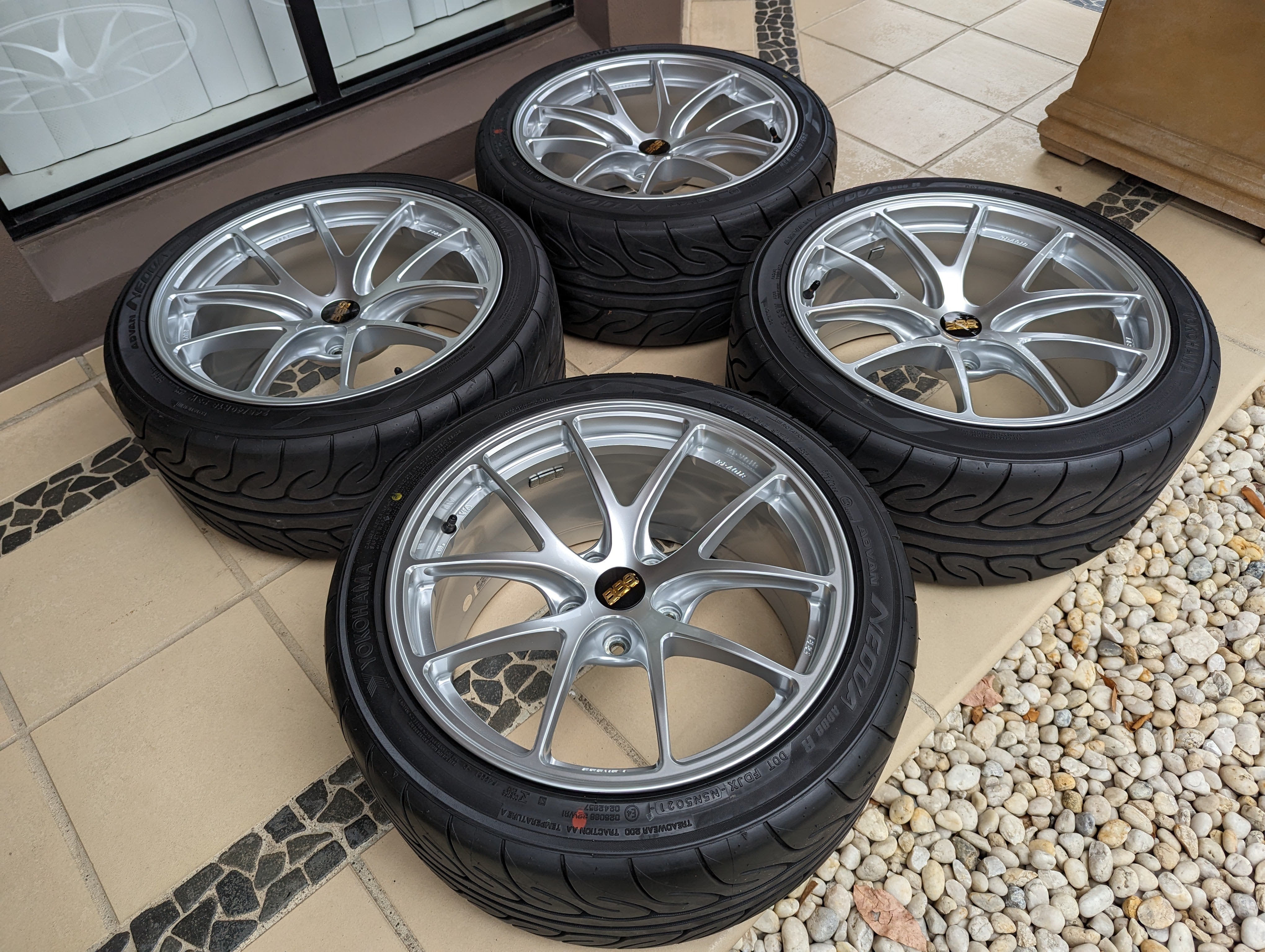 BBS Forged RIA (Diamond Silver) with New Yokohama AD08R Tyres and BBS Center Caps - 5x114.3 - 18x9.5 +35