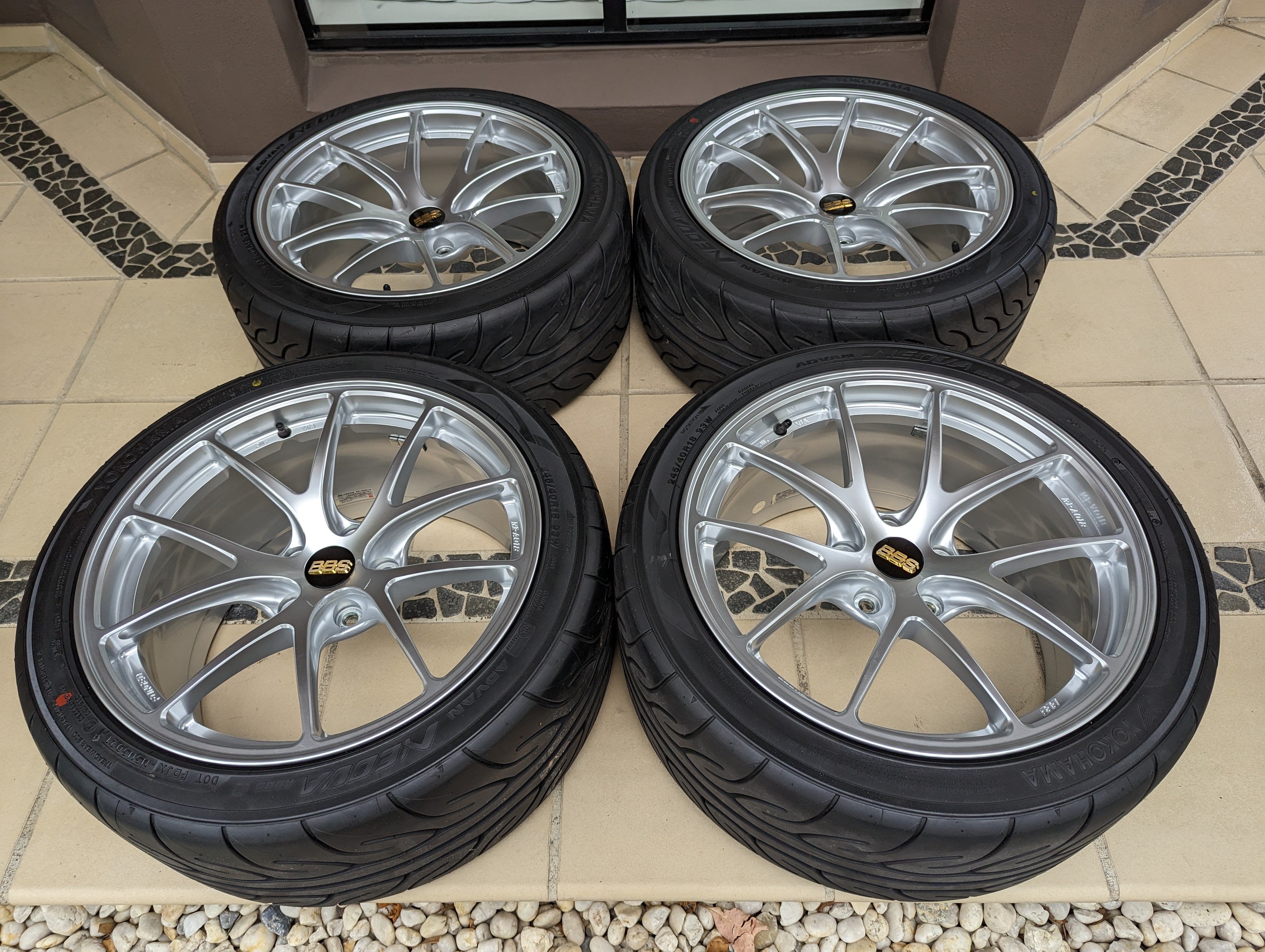 BBS Forged RIA (Diamond Silver) with New Yokohama AD08R Tyres and BBS Center Caps - 5x114.3 - 18x9.5 +35